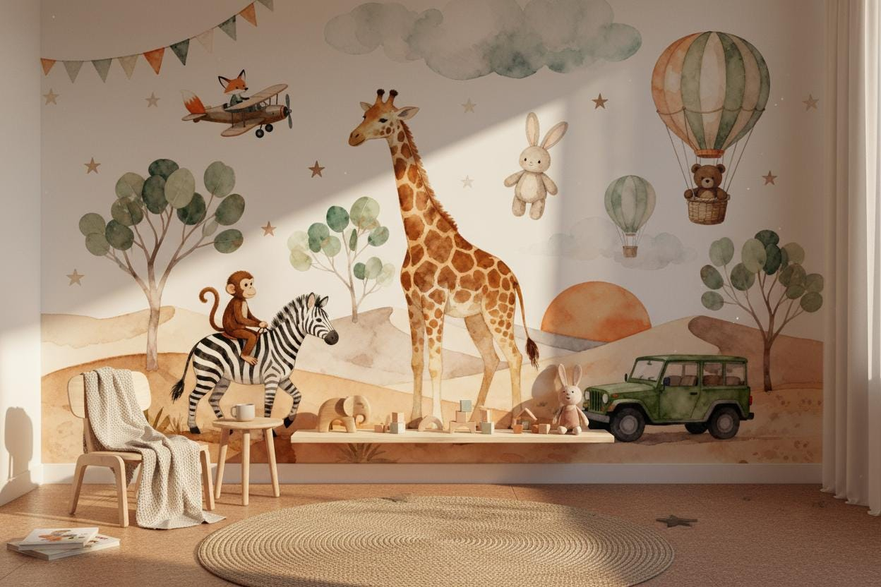 Cartoon Animal Wall Mural Kids - Baby Nursery Peel And Stick Wallpaper recension och pris