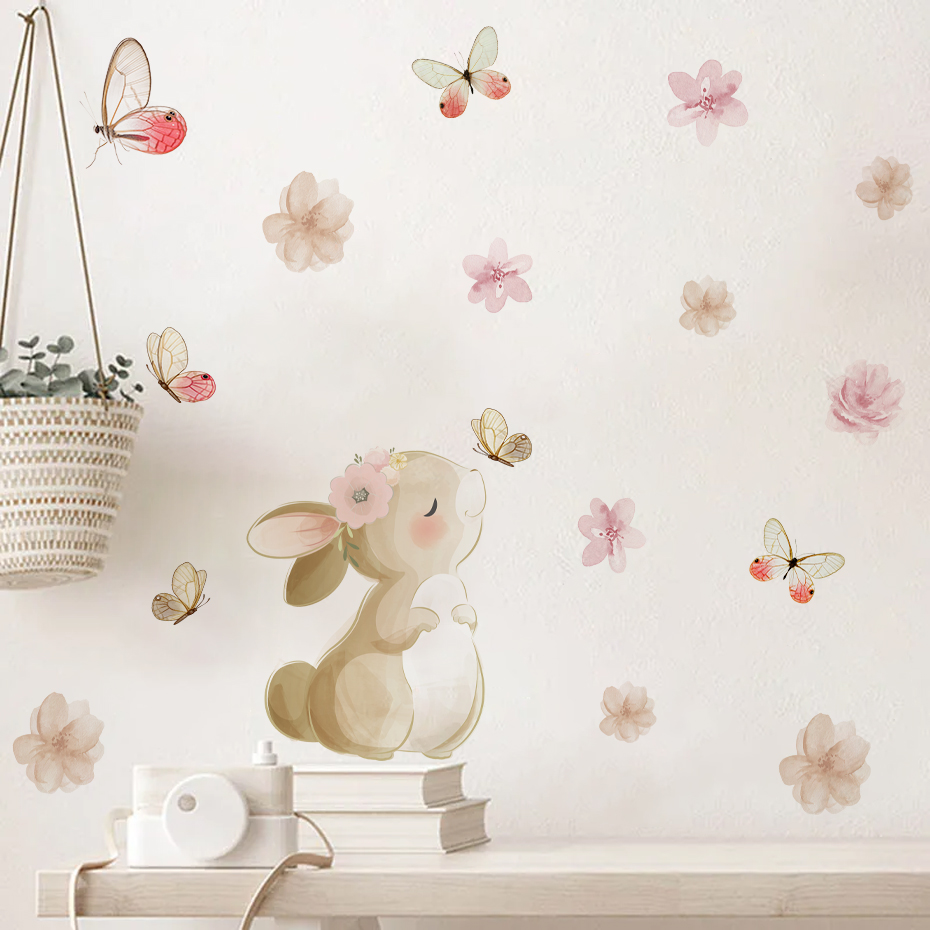 Cartoon Rabbit Flowers Butterf - Baby Nursery Decor Girl recension och pris
